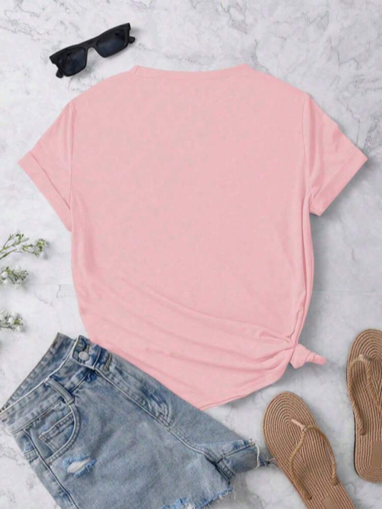 Playera para mujer estilo festivo navideño estampado dulce navidad letras creativas tela suave color sólido holgada cuello redondo manga corta primavera verano fiestas temáticas camiseta - Rosa - Añade 2