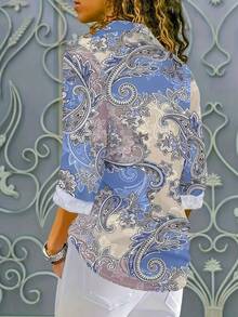 EMERY ROSE 女士优雅佩斯利印花长袖衬衫 - 波西米亚风，纽扣衬衫，蓝米色花卉图案，休闲又不失时尚，适合所有季节，女装 - 彩色 - 查看 2
