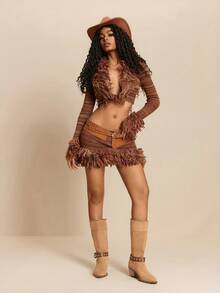 Daringsoles Damstövlar med spetsig tå och nitspänne i trendiga westernstövlar med grov klack - Brun - Visa 2