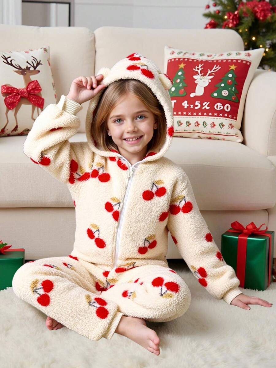 SHEIN 少女樱桃图案针织连帽休闲连体裤家居服 - 卡其色 - 查看 1