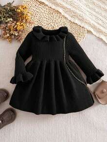 SHEIN Vestido de manga larga de punto de unicolor para bebé niña, otoño/invierno - Negro - Ver 6