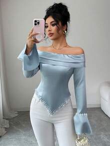 SHEIN Elenzya 1 件女式露肩褶皱长袖珍珠装饰优雅浪漫衬衫 - 霧霾藍 - 查看 6