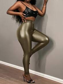 Slaydiva 女士紧身休闲优雅圆领拉链皮质打底裤，秋冬款 - 軍綠色 - 查看 3