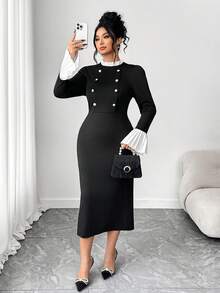 Elenzga Women's Elegant Ruffle Trim Contrast Button Knit Bodycon Maxi Dress, Office Workwear, Little Black Dress, Autumn Ladies Clothing Button Dress Bodycon Midi Dress Elegant Midi Dress Long Sleeve Elegant Dress - Black - View 5