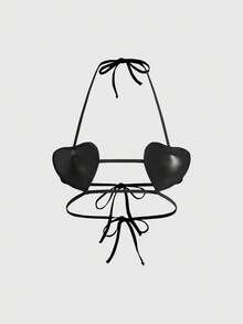 ROMWE Grunge Punk Punk Rock Heart Studded Lace-Up Sexy Bralette - Black - View 1