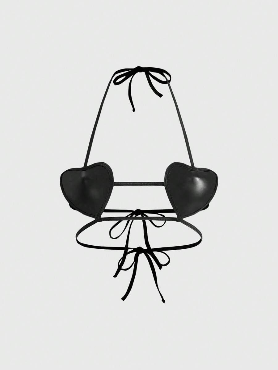 ROMWE Grunge Punk Punk Rock Heart Studded Lace-Up Sexy Bralette - Black - View 1