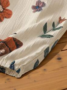 Linhara 大码中式立领抽绳长袖蜜蜂和瓢虫全身印花休闲连衣裙 - 杏色 - 查看 5