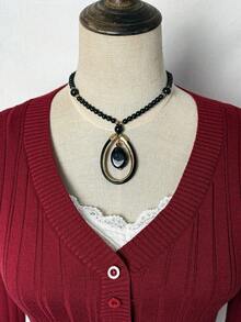 Jeanoix Damen Lässig einfarbige Knopf V-Ausschnitt figurbetonte Langarm Strick-Top, Herbst - Bordeaux - Übersicht 4