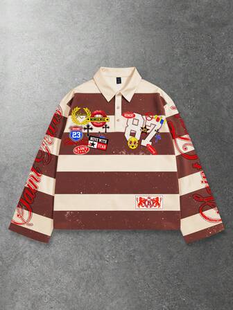 Street Life Camiseta de manga larga con cuello a rayas y estampado, estilo universitario casual para hombres