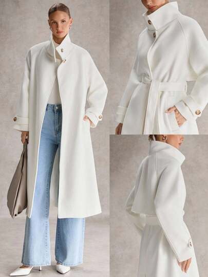 SHEIN Unity 优质双面羊毛长大衣，女士厚毛领长款大衣