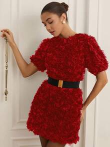 Aveloria Rosie 3D立体花卉装饰收腰短袖奢华欧美风时尚迷你连衣裙 - 紅色 - 查看 1