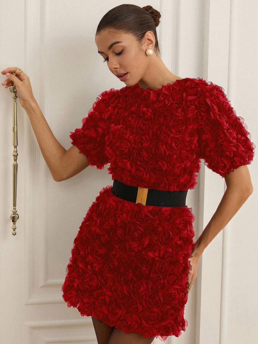 Aveloria Rosie 3D立体花卉装饰收腰短袖奢华欧美风时尚迷你连衣裙 - 紅色 - 查看 1