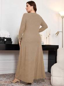 Modelyn Đầm dạ hội dài tay chữ A họa tiết nơ thắt cỡ lớn phù hợp cho mùa xuân và mùa thu dành cho nữ - Màu Khaki - Xem 2