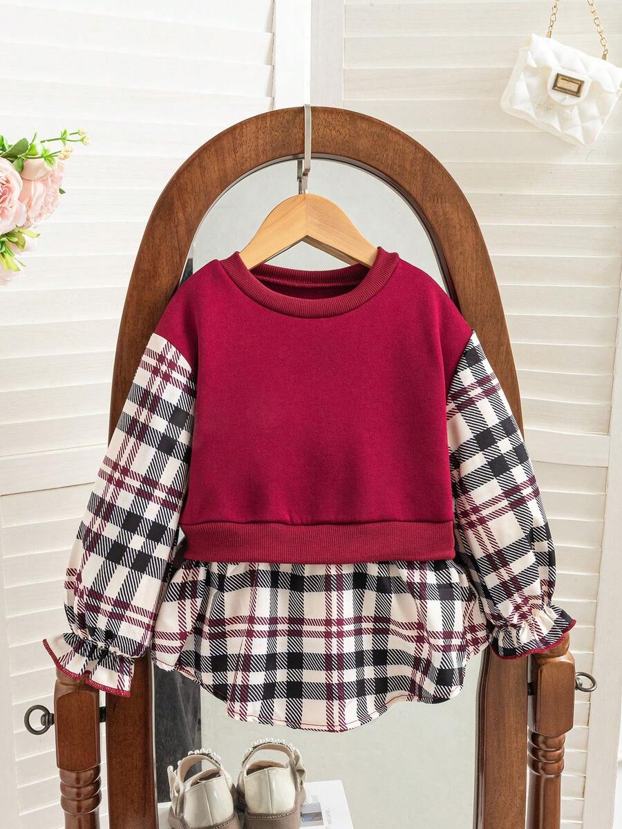 SHEIN Young Girl Casual Plaid Patchwork Sweatshirt - Burgundy - View 1
