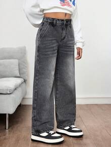 Tween Girl Fashion Casual Y2k Vintage Cool Street Returns To School College Black Denim Loose And Comfortable Straight-Leg Jeans Dailywear Winter And Fall Rave Festival And Streetwear Washed Denim Baggy Grey Baggy Jeans - Black - View 3