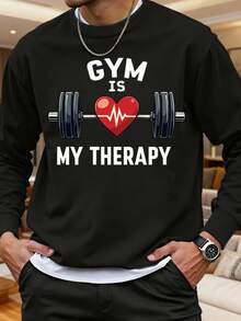 Hombre004 Sudadera de cuello redondo de moda Parte superior de ropa para casa, cómoda y abrigada cálida para otoño e invierno, con envío local desde México Camisa masculina negra con el impresión de "GYM ES MI TERAPIA" que celebra el amor por el gimnasio y la salud mental - Negro - Ver 1