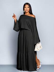 SOLERSUN Bộ đồ hai mảnh vải lanh trơn màu đơn giản, dáng rộng, tay dài và chân váy xếp ly cỡ lớn dành cho nữ - màu đen - Xem 4