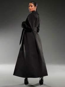 Normani Lange, einfarbige, gegürtelte Taschen-Jacke mit langen Ärmeln, elegant und bequem, für Herbst/Winter - Schwarz - Übersicht 2