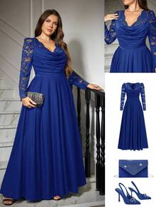 Ellevyn 大码优雅派对纯色蕾丝拼接连衣裙 - 寶藍色 - 查看 9