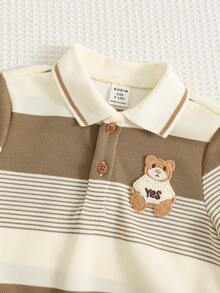 SHEIN 2pcs/Set Baby Boy Cute Striped Cartoon Pattern Polo Shirt And Elastic Waist Casual Sweatpants Set, Autumn/Winter