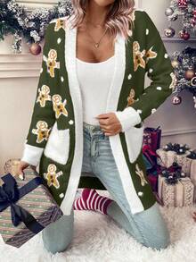 LanaWest Cárdigan con bolsillos duales y ribete de contraste con estampado de oso para ropa de Año Nuevo - Verde militar - Ver 6