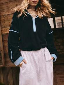 Medorelle 女士秋冬时尚短款半拉链撞色立领卫衣，宽松套头衫，女士越野骑行服，户外运动登山卫衣，新年户外，圣诞节户外。 - 黑色 - 查看 1