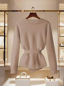 Franclia Unique Design Cardigan Sweater For Women - Khaki - View 2