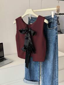 Elamini 秋季休闲针织背心，后背系带。 - 酒紅色 - 查看 3