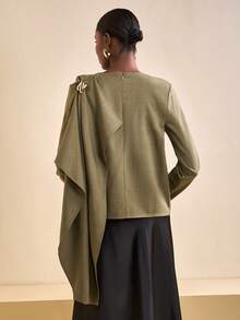 Zivah 2025 Autumn/Winter New Year, Valentine's Day, Party, Banquet, Date, Birthday Party, College Style, Student Wear, Daily Outings, Basic Versatile, Casual, Cruise Travel, Trending, Elegant, Commute, Business Casual, Minimalist, Round Neck Long Sleeve, Front Pleated, Left Shoulder Draped Tie, Metal Decor Button On Shoulder, Loose Straight Cut, Dark Brown Bamboo Fabric, Elegant Blouse, Commuter Blouse, Women's Blouse - Rust Brown - View 2