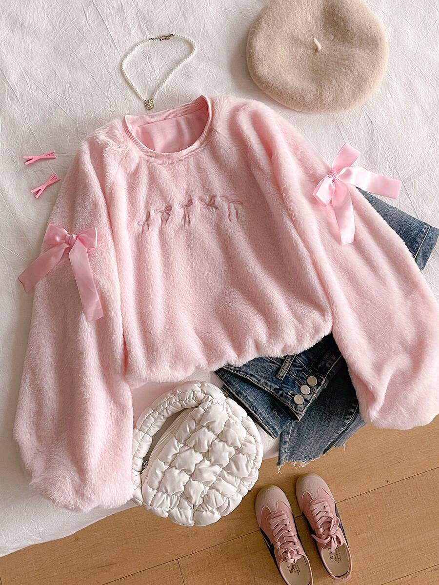 Teen GirlSweatshirt, Pink Long Sleeve With Furry Shoulders, Bow Accents On Neckline And Chest, Fashion Casual Versatile, Suitable For Autumn/Winter Outings And Commuting, Can Be Paired With Jeans Or Sweatpants - Pink - View 1