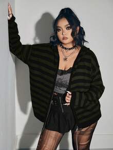 ROMWE Grunge Punk 大码撞色条纹拉链宽松休闲针织开衫 - 墨綠色 - 查看 6