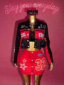 Slaydiva 2025 Winter, New Style, New Year, Valentine's Day, Party, Evening Gathering, Date, Gathering, Birthday Party, Preppy Style, Student Wear, Everyday Outing, Basic Versatile, Casual, Cruise Travel, Influencer Hot Style, Elegant, Commuter, Business Casual, Sexy Club, Y2K, Punk Racing, Girly Cool Motorcycle Style, Small Stand Collar Long Sleeve Letter Print Jacket + Tank Top + Mini Skirt, Winter Set, Christmas Set, New Year Set, Women's Three-Piece Set - Multicolor - View 1