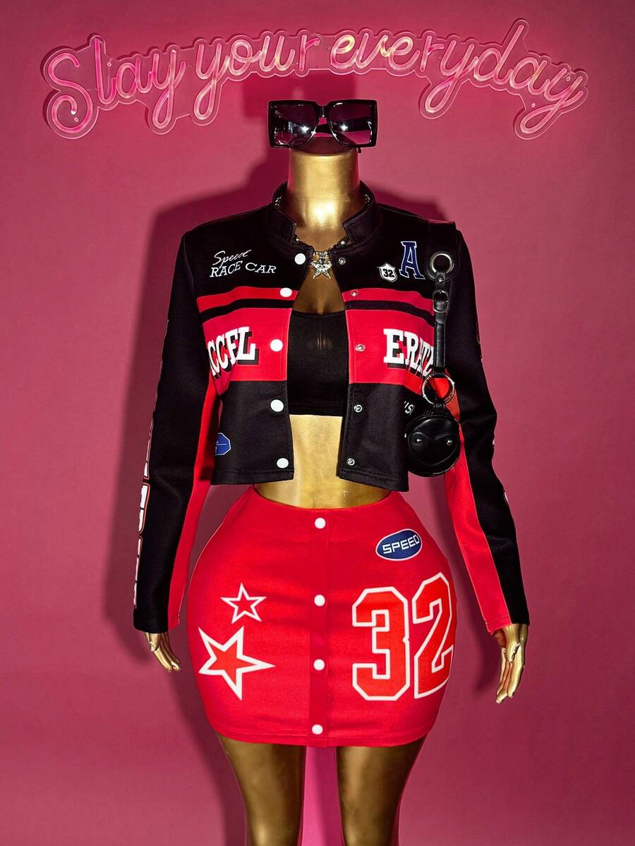 Slaydiva 2025 Winter, New Style, New Year, Valentine's Day, Party, Evening Gathering, Date, Gathering, Birthday Party, Preppy Style, Student Wear, Everyday Outing, Basic Versatile, Casual, Cruise Travel, Influencer Hot Style, Elegant, Commuter, Business Casual, Sexy Club, Y2K, Punk Racing, Girly Cool Motorcycle Style, Small Stand Collar Long Sleeve Letter Print Jacket + Tank Top + Mini Skirt, Winter Set, Christmas Set, New Year Set, Women's Three-Piece Set - Multicolor - View 1