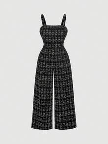 SHEIN MOD Plus Size Black & White Plaid Knit Suspender Pants, Retro College Style/Winter - Black and White - View 5