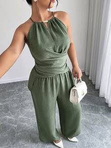 Elenzga Women's Casual Beaded Cinched Waist Suit, Commuter Outfit, Everyday Casual Set, Spring/Summer - Green - View 1