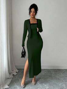 SHEIN Elenzya 两件套女士优雅撞色长袖开衫吊带裙套装，适合派对、家庭聚会、圣诞节、万圣节、情人节、新年、通勤和日常休闲穿着，秋冬季 - 墨綠色 - 查看 3