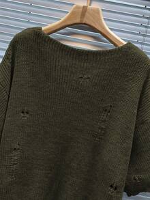 Manfinity Homme Men's Solid Color Round Neck Drop Shoulder Ripped Loose Casual Knit Sweater - Dark Green - View 5