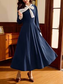 Vintamour 复古经典优雅女士连衣裙，秋冬季修身拼接连衣裙，蕾丝拼接荷叶边领长袖连衣裙，咖啡棕色 - 藏蓝色 - 查看 7