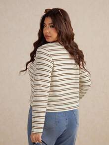 Elaquor Plus Size Women's Casual Basic Striped Button T-Shirt Office Old Money - Multicolor - View 2