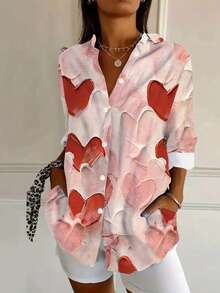 EMERY ROSE Mother's Day 3D Heart-Shaped Printed Simple Shirt, Casual Button Up Front Long Sleeved Shirt, Suitable For All Seasons, Women's Clothing - Multicolor - View 3