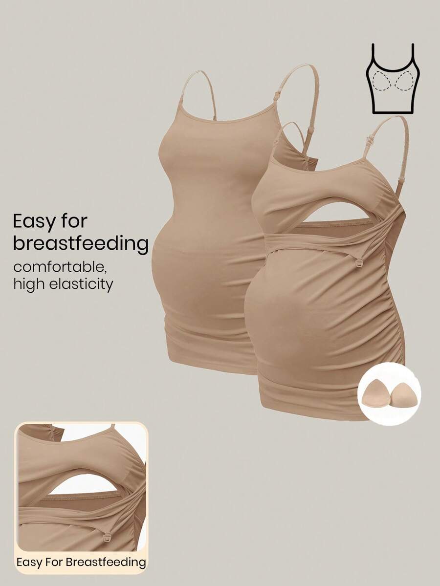 Modmama Camiseta interior de lactancia con sujetador incorporado, color blanco - Caqui - Ver 1