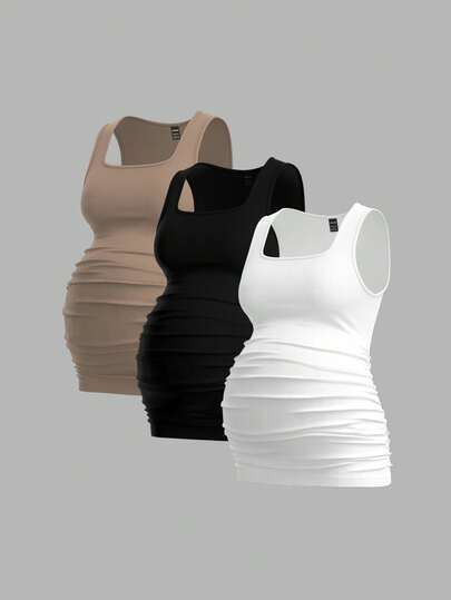 Modmama 3pcs Maternity Women's Solid Color Sleeveless Tank Tops, Casual & Simple, Perfect For Summer