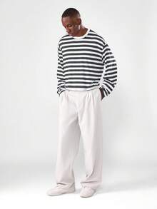 SUMWON Crop Fit Essential Long Sleeve Horizontal Striped Crew Neck Tee For Everyday Casual Wear - Grey - View 4