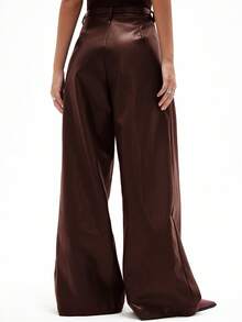 GENKIRA 酒红色PU皮革褶皱宽松直筒腰带休闲时尚百搭女裤 - 咖啡棕 - 查看 2