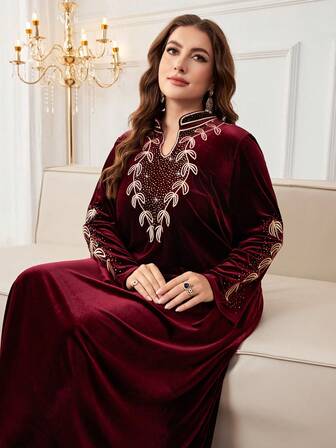 Al Najma Plus Size Women's Stand Collar, Leaf Embroidery On Cuffs And Collar, Rhinestone Decor Long Sleeve Velvet Loose Elegant Maxi Dress For Party And Outings