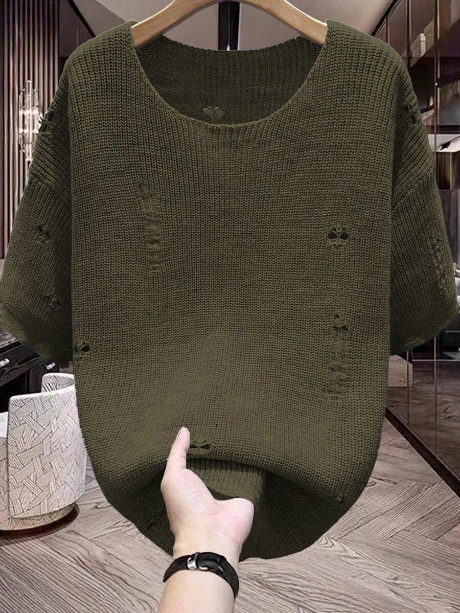 Manfinity Homme Men's Solid Color Round Neck Drop Shoulder Ripped Loose Casual Knit Sweater - Dark Green - View 1