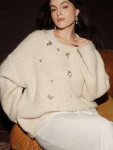 Anewsta 时尚高端手工水钻装饰圆领宽松长袖加大码女式毛衣 - 杏色 - 查看 2