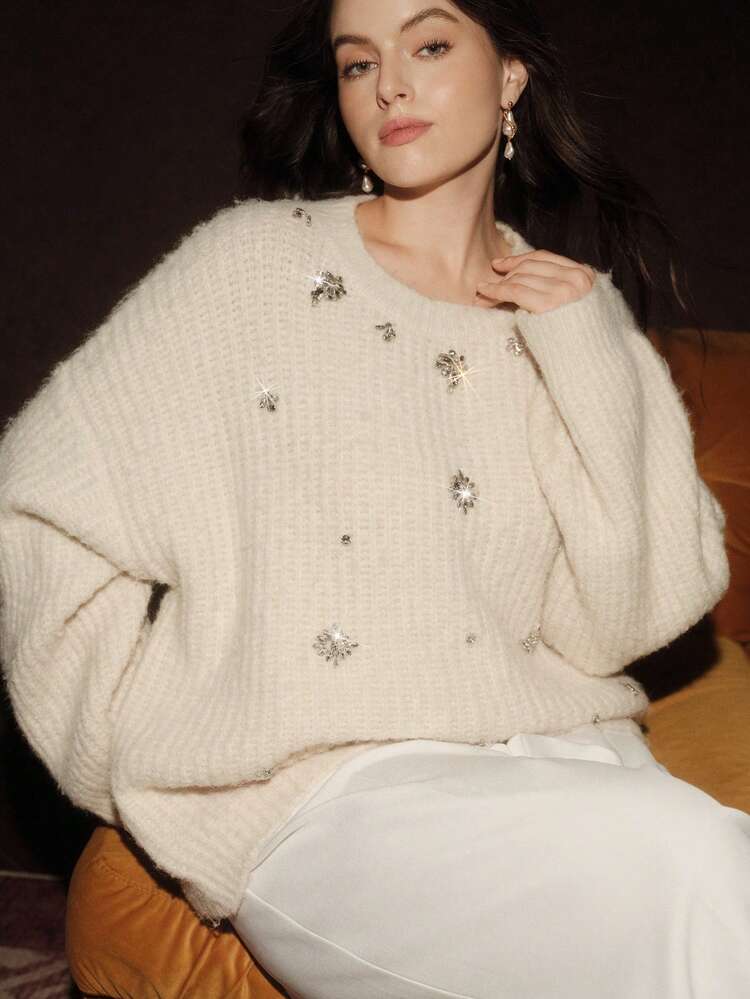 Suéter holgado de manga larga con cuello redondo, de talla grande, para mujer, con adornos de strass de alta gama y moda hecha a mano