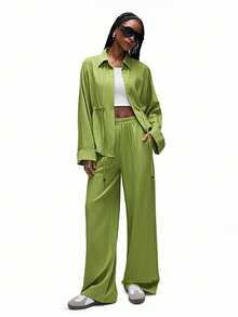 EMERY ROSE Set de 2 piezas: Camisa con botones ocultos, cintura con lazo y puños acampanados + Pantalones de pierna ancha con cintura elástica - Verde - Ver 4