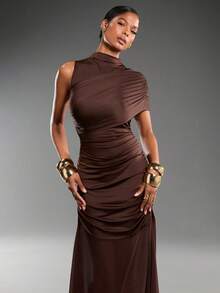 Normani European & American Style Coffee Color Elastic Slim Fit Asymmetric One Shoulder Round Neck Ruffle Patchwork Bodycon Mesh Sleeveless Dress For Women - Brown - View 4